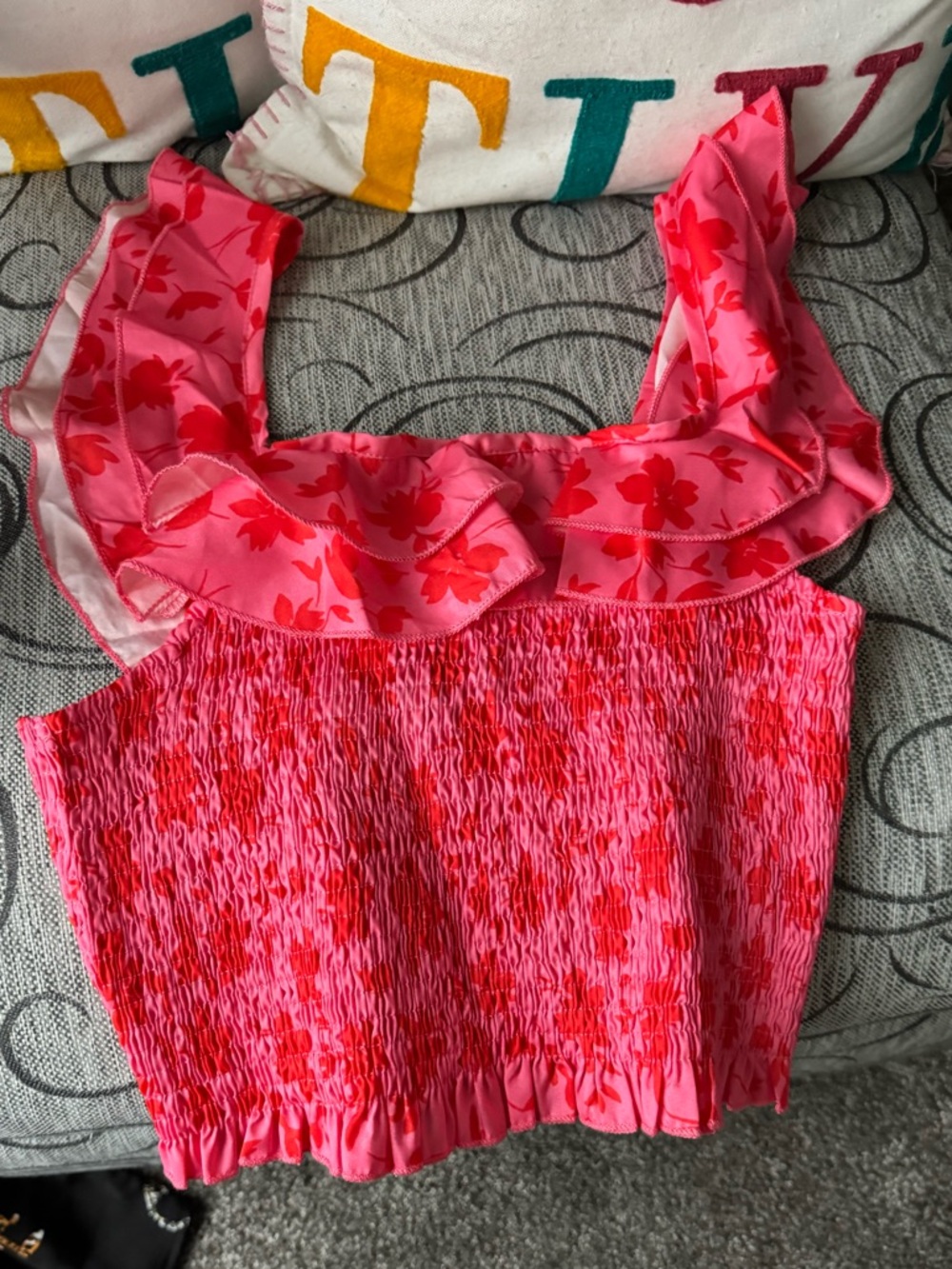 Pink Floral Ruffle Smocked Crop Top